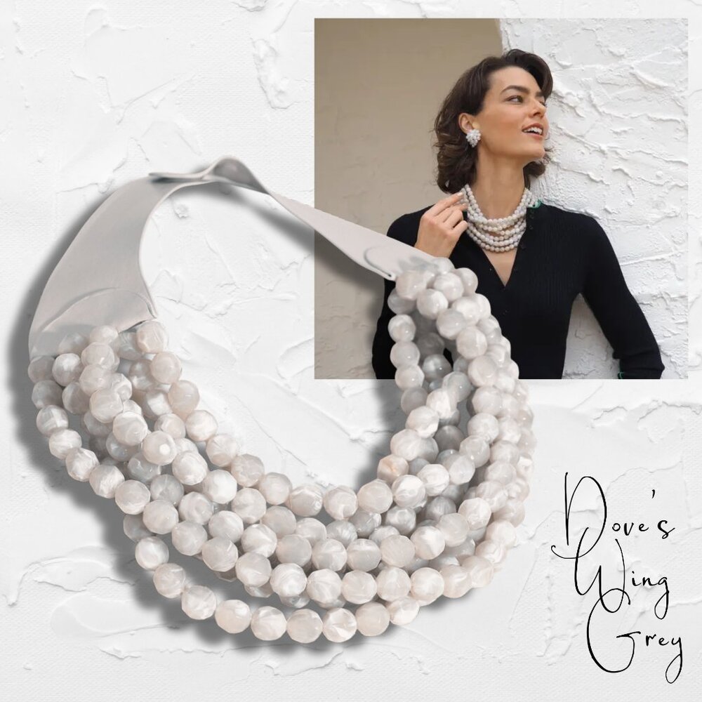 NEW Stunning Faceted Beaded 7-Strand Bib Statement Necklace in Dove's Wing Gray